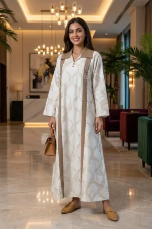 VIP White Patterned Abaya – Elegant Luxury Design for Women